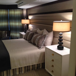 Upholstered wall, custom bedding.  Design by Karen Gomez - Decorative Accents
