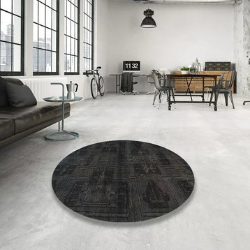 Machine Washable Area Rug, Black Abstract Pattern Chenille Polyester, 8' Round