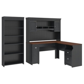 Fairview L Desk with Hutch and Bookcase in Antique Black - Engineered Wood