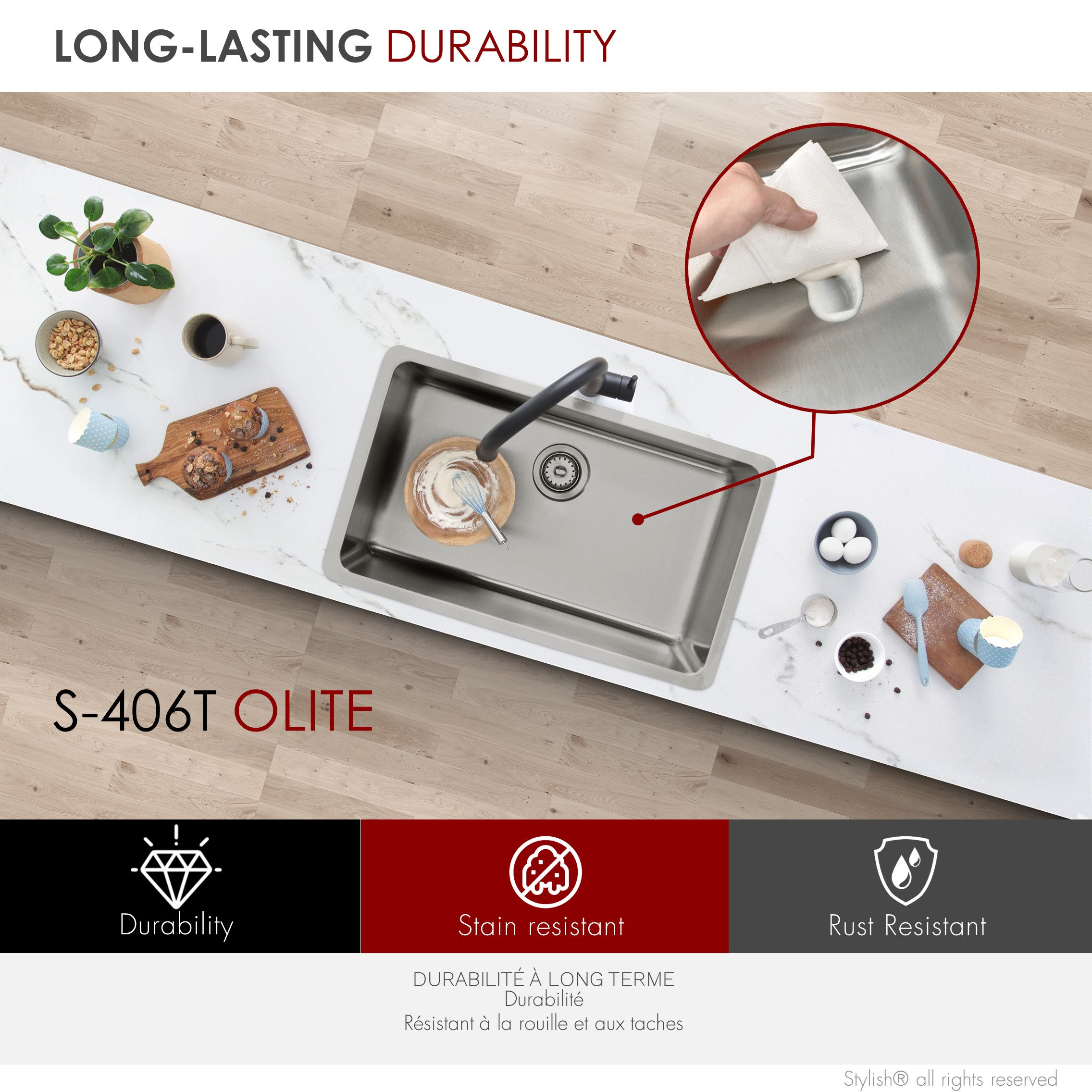 STYLISH 27 inch Single Bowl Undermount and Drop-in Stainless Steel Kitchen Sink