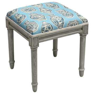 Ginger Jars-Caramel and Chartreuse, Linen Upholstered Vanity Stool, Blue