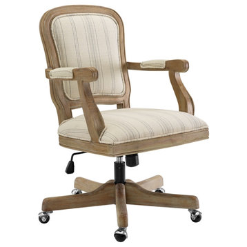Linon Maybell Wood Base Upholstered Office Chair with Wheels in Beige Stripe