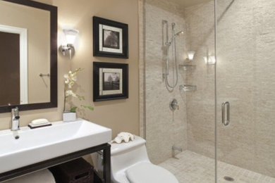 Example of a small trendy master beige tile and ceramic tile porcelain tile bathroom design in Minneapolis with open cabinets, dark wood cabinets, solid surface countertops and beige walls