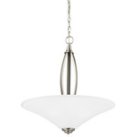 Generation Lighting Collection - Metcalf 3-Light Pendant, Brushed Nickel - The soft curves give the transitional Metcalf lighting collection by Sea Gull Lighting its clean, subtle look. The modern silhouette of the Satin Etched glass shades reinforces the easy and casual lines of this design. Equally at home in a contemporary, urban setting or a transitional decor in the suburbs, the full lighting collection is offered in Autumn Bronze and Brushed Nickel finishes and is comprised of nine-, five- and three-light chandeliers; one- and three-light pendants, mini pendant, two-light semi-flush mount; and one-, two-, three- and four-light bath fixtures. Incandescent and ENERGY STAR-qualified LED lamping are available; all fixtures are California Title 24 compliant.