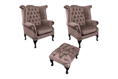 Chesterfield 2 x QueenAnne Chairs + Footstool Harmony Charcoal Velvet Sofa Suite