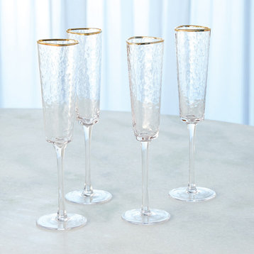 Elegant Hammered Art Glass Champagne Flute Set of 4 Gold Rim Modern