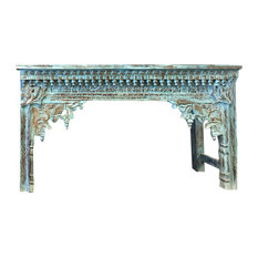 Mogul Interior - Consigned Antique Indian Hand Carved Blue Console Hall Table End Sofa Table - Console Tables