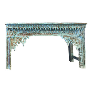 Mogul Interior - Consigned Antique Indian Hand Carved Blue Console Hall Table End Sofa Table - Console Tables