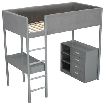Modern Twin Loft Bed, Foldable Desk With Open Shelves and Storage Drawers, Gray