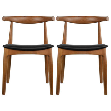 Set of 2 Modern Wooden Elbow Dining Chairs With PU Leather or Beige Fabric Seat, Espresso