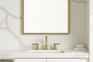 Inspiration for a mid-sized modern master white tile ceramic tile, brown floor and single-sink bathroom remodel in Charleston with shaker cabinets, white cabinets, white walls, an undermount sink, quartz countertops, white countertops and a floating vanity