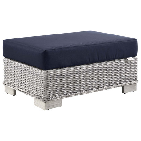 Conway Outdoor Patio Wicker Rattan Ottoman, Light Gray/Navy