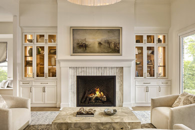 Elegant living room photo in Dallas with a stone fireplace and a wall-mounted tv