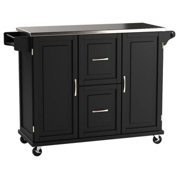 Large Kitchen Cart, Stainless Steel Top & Cabinets With Adjustable Shelf, Black