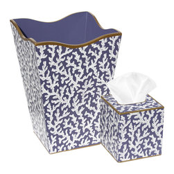 White Coral Blue Wastebasket and Tissue Box Set - Bathroom Accessories