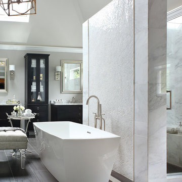 Large Luxury Master Bathroom with Freestanding Bath Tub, Floor Faucet and Marble