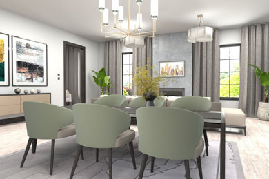 Design ideas for a large contemporary open plan dining room in Glasgow with white walls, light hardwood flooring, a wood burning stove, a concrete fireplace surround, grey floors, wallpapered walls and feature lighting.