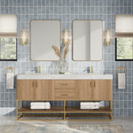 MOD - Bahia Bath Vanity, Oak, 72", Brushed Gold Hardware, Double, Freestanding - The luxurious Bahia Vanity draws on multiple materials to exude a contemporary, refreshing feel. Constructed with built-in legs, concealed hinges and adorned with stylish hardware, your bathroom will feel part of the new age while preserving the natural warmth of vintage designs. Keep things tidy and hidden with the soft-close drawers and cabinets, and display it your way across the beautiful, thick natural stone countertop and lower tray.