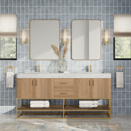 Bahia Bath Vanity, Oak, 72", Brushed Gold Hardware, Double, Freestanding