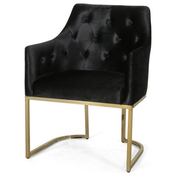 Fern Modern Tufted Glam Accent Chair With Velvet Cushions and U-Shaped Base, Black, Gold