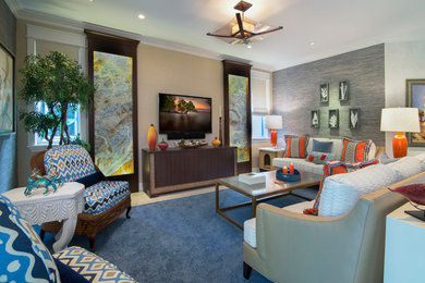 Inspiration for a large eclectic formal and enclosed ceramic tile living room remodel in Other with beige walls, no fireplace and a wall-mounted tv