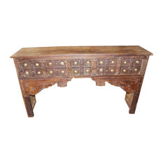 Mogul Interior - Consigned Antique Indian Teak Wood Arched Hall Table Rustic Decor Media Console - Console Tables