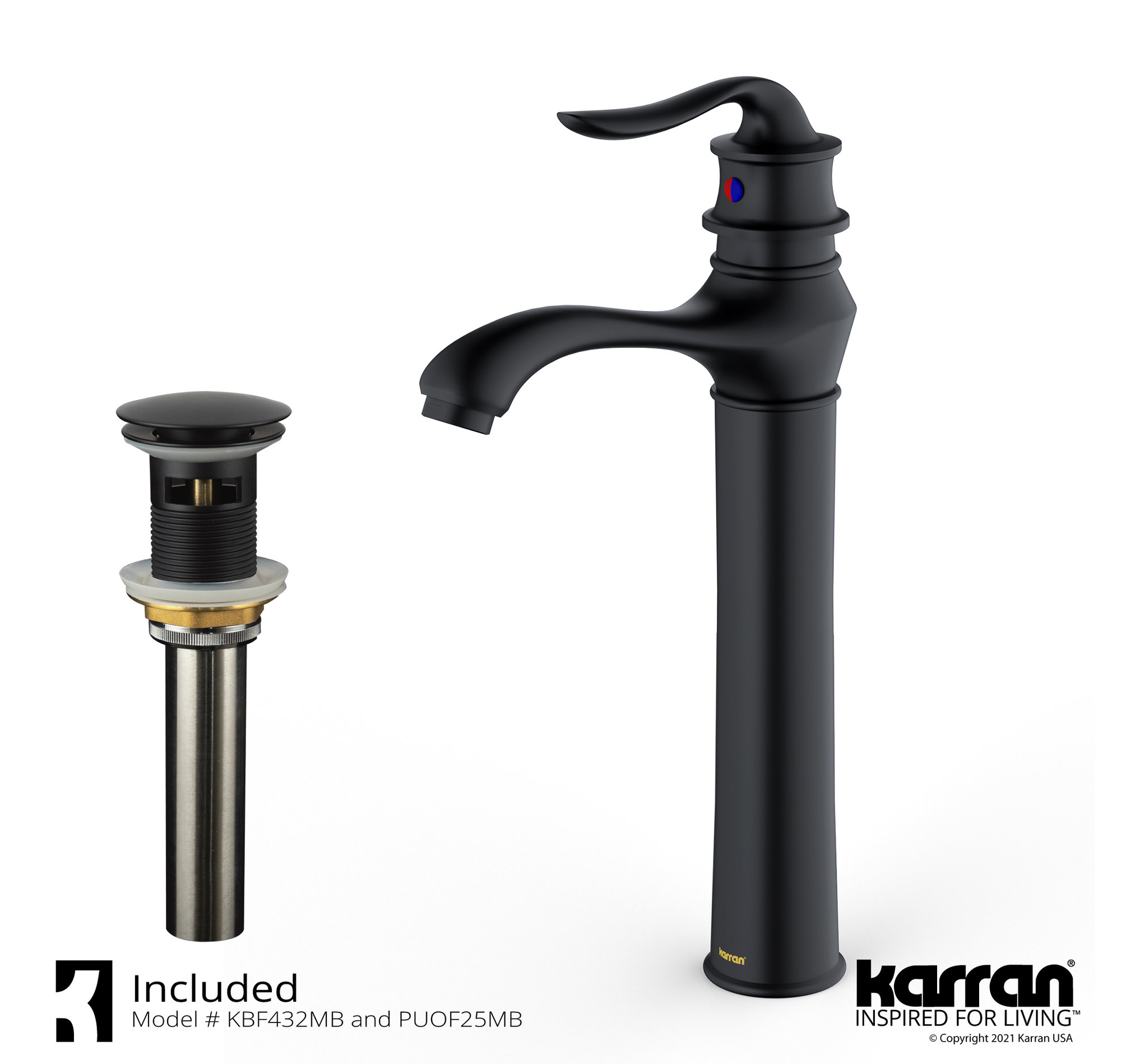 Karran KBF432 1-Hole 1-Handle Vessel Faucet With Pop-up Drain, Matte Black