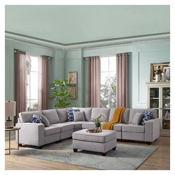 Casanova Light Gray Linen 7-Piece Modular L-Shape Sectional Sofa With Ottoman