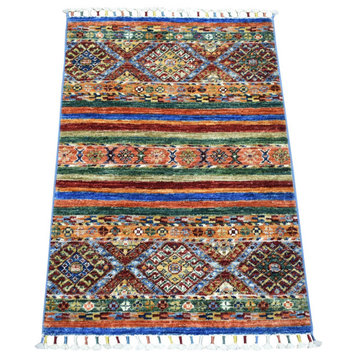 Colorful, Soft Wool, Hand Knotted Afghan Super Kazak Mat Rug, 2'0"x3'2"