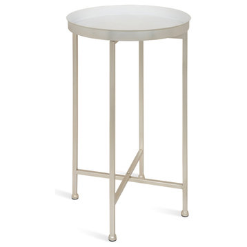 Kate and Laurel Celia Round Metal Foldable Tray Accent Table, Silver/White