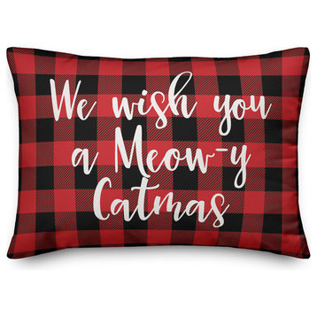 We Wish You A Meowy Catmas, Buffalo Check Plaid 14x20 Lumbar Pillow