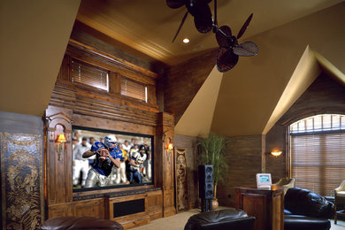 Inspiration for a large rustic open concept carpeted and beige floor living room remodel in Other with beige walls, no fireplace and a media wall