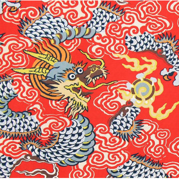 Asian Orange Dragon Fabric Oriental Decorating Material, Standard Cut