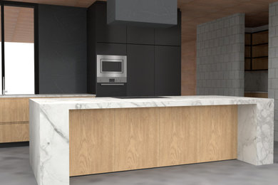 Eat-in kitchen - large contemporary galley concrete floor, gray floor and wood ceiling eat-in kitchen idea in Auckland with a double-bowl sink, flat-panel cabinets, black cabinets, quartz countertops, gray backsplash, quartz backsplash, stainless steel appliances, an island and white countertops