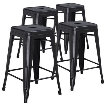 24" High Backless Distressed Black Metal Indoor Counter Stools, Set of 4
