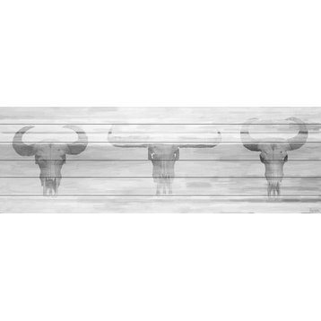 "Three Skulls B&W" Painting Print on White Wood, 30"x10"