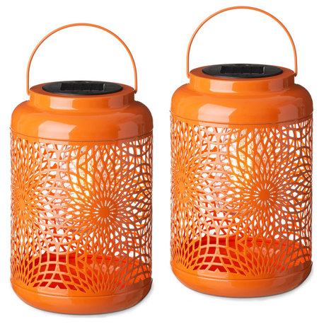 Metal Cutout Solar Powered Hanging Lantern, 2-Piece Set