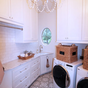 Inspiration for a traditional utility room in Austin with a submerged sink, shaker cabinets, white cabinets, quartz worktops, white walls, porcelain flooring and a side by side washer and dryer.
