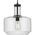 Progress Lighting - Latrobe Collection Black 1-Light Pendant - Introduce a pop of personality into your home with this pendant. A round ceiling plate coated in a black finish anchors the pendant in place as the light source hangs below. A bottle-inspired clear glass shade adds a twist to a simple industrial style that brings this light fixture's vintage charm to the forefront of your home's lighting design.