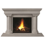 Omega Mantels of Stone - Fireplace Stone Mantel 1147.555 With Filler Panels, Limestone, With Hearth Pad - The soft curve and clean line of this cast stone mantel meld stylishly together. Combined with our designer legs this mantel makes a classic fireplace for your home. Designed in the Tuscan style, these natural stone column legs lend themselves to both formal and casual settings. With their austere yet elegant simplicity they blend seamlessly in any decor.