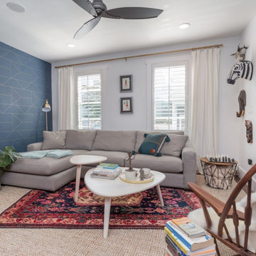 Living room, navy geometric wall — Southie, Reno interior design by Find Design