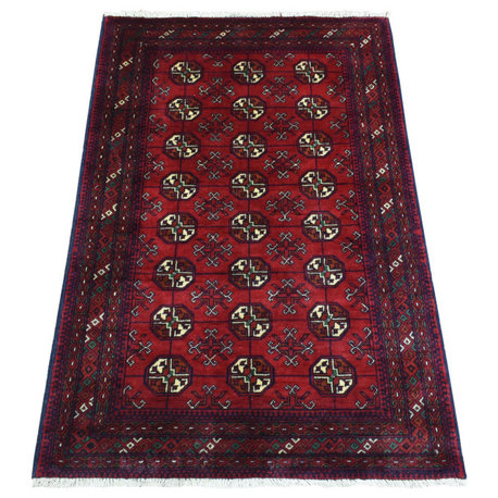 Red Geometric Design Hand Knotted Afghan Khamyab Bokara Wool Mat Rug, 2'8"x4'0"