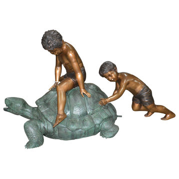 Two Kids on a Giant Turtle Bronze Fountain -  Size: 23"L x 60"W x 33"H.
