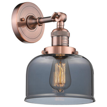 Large Bell 1-Light Sconce, Smoked Glass, Antique Copper