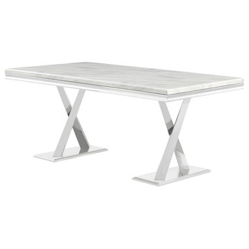 Leona White Rectangular Faux Marble Dining Table, Silver