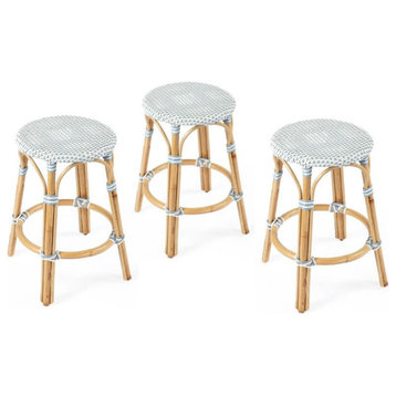 Home Square 3 Piece Rattan Counter Stool Set in Twilight Blue & White