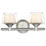Innovations Lighting - Innovations 311-2W-SN-CLW 2-Light Bath Vanity Light, Satin Nickel - Innovations 311-2W-SN-CLW 2-Light Bath Vanity Light Satin Nickel. Style: Retro, Art Deco. Metal Finish: Satin Nickel. Metal Finish (Canopy/Backplate): Satin Nickel. Material: Cast Brass, Steel, Glass. Dimension(in): 7. 25(H) x 15(W) x 7. 5(Ext). Bulb: (2)60W G9,Dimmable(Not Included). Maximum Wattage Per Socket: 60. Voltage: 120. Color Temperature (Kelvin): 2200. CRI: 99. Lumens: 450. Glass Shade Description: White Inner and Clear Outer Laguna Glass. Glass or Metal Shade Color: White and Clear. Shade Material: Glass. Glass Type: Frosted. Shade Shape: Bowl. Shade Dimension(in): 6(W) x 3. 5(H). Backplate Dimension(in): 5. 25(Dia) x 1(Depth). ADA Compliant: No. California Proposition 65 Warning Required: Yes. UL and ETL Certification: Damp Location.