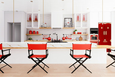Eat-in kitchen - large contemporary single-wall plywood floor, beige floor and shiplap ceiling eat-in kitchen idea in Cleveland with a farmhouse sink, flat-panel cabinets, white cabinets, quartzite countertops, white backsplash, ceramic backsplash, colored appliances, an island and white countertops