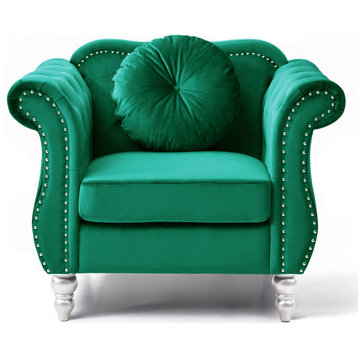 Hollywood Green Chesterfield Tufted Velvet Accent Chair With Round Throw Pillow