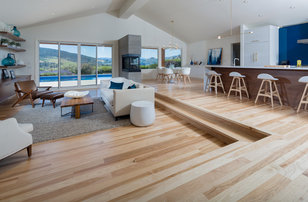 Inspiration for a large contemporary open concept and formal light wood floor and beige floor living room remodel in Denver with white walls, a two-sided fireplace and a metal fireplace